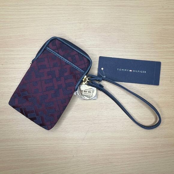 Tommy Hilfiger Women's Navy Blue Burgundy Monogramed Wristlet NWT - Picture 1 of 5